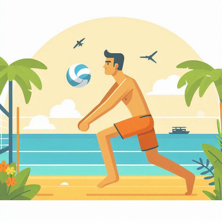 Man playing volleyball on beach. Vector illustration in flat cartoon style.のイラスト素材