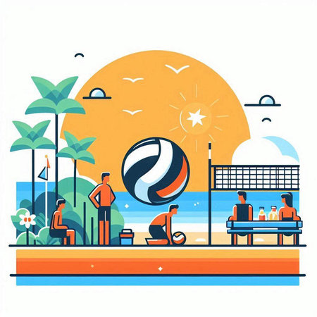Beach volleyball, vector illustration in flat style on a sunny dayのイラスト素材