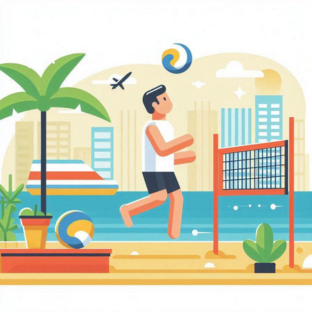 Man playing volleyball on the beach. Flat style vector illustration on white background.のイラスト素材
