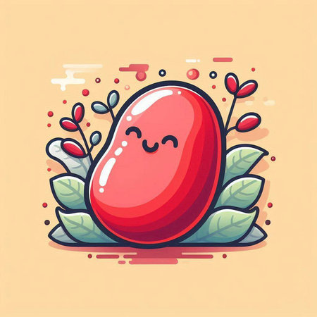 Cute cartoon red mango fruit character. Vector illustration isolated on orange background.のイラスト素材