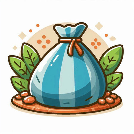 Vector illustration of a bag of tea on a tray with leaves.のイラスト素材