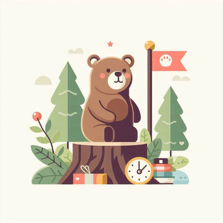 Cute bear sitting on a tree in the forest. Vector illustrationのイラスト素材