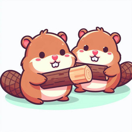 Cute beavers holding a log. Vector illustration isolated on white background.のイラスト素材