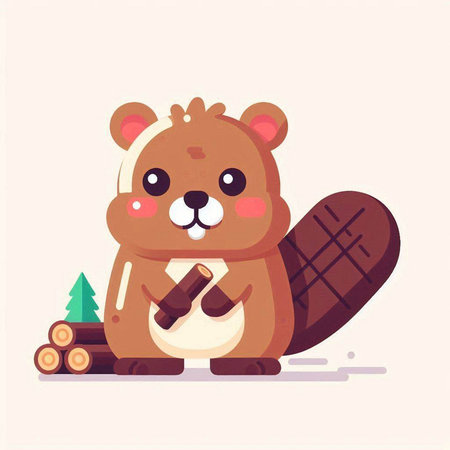 Cute beaver with a wooden stick. Vector illustration in cartoon style.のイラスト素材