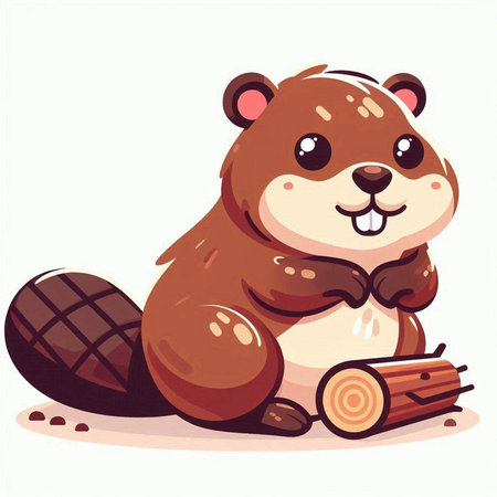 Cute beaver sits on a log and smiles. Vector illustration.のイラスト素材