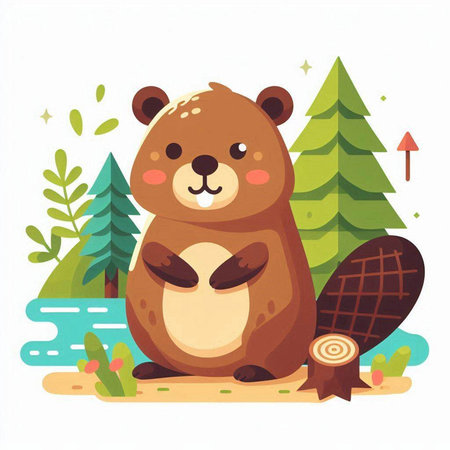 Cute beaver in the forest. Vector illustration in cartoon style.のイラスト素材