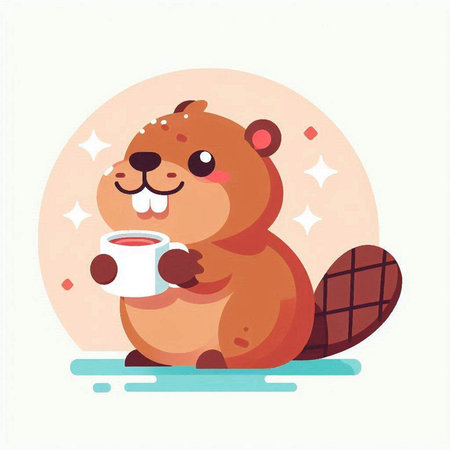 Cute beaver with a cup of coffee. Vector illustration.のイラスト素材