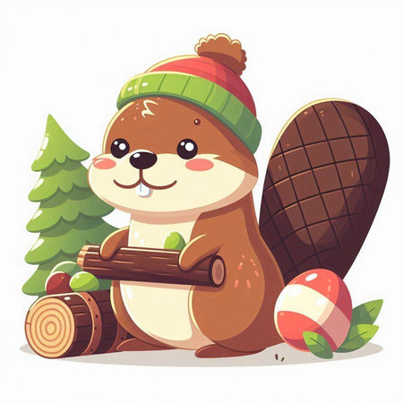 Cute beaver in a hat and scarf with a Christmas tree and candiesのイラスト素材
