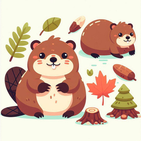 Cute beaver with autumn leaves. Vector illustration in cartoon style.のイラスト素材