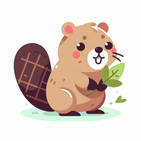 Cute beaver with a branch and leaves. Vector illustration.のイラスト素材
