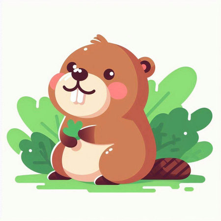 Cute cartoon beaver sitting on the grass. Vector illustration.のイラスト素材