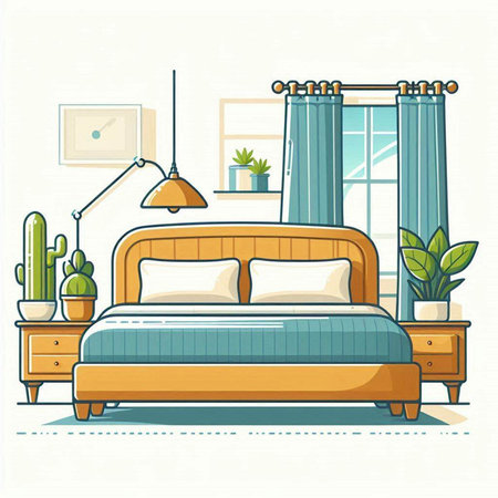 Vector illustration of bedroom interior with bed, window, curtains, potted plants and furnitureのイラスト素材