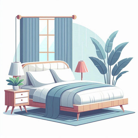 Vector illustration of a bedroom with a bed, a lamp, a bedside table and a plantのイラスト素材