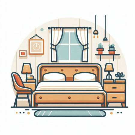 Bedroom interior. Bedroom furniture. Vector illustration in flat styleのイラスト素材