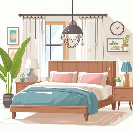 Bedroom interior with wooden bed, lamp and plants. Vector illustration.のイラスト素材