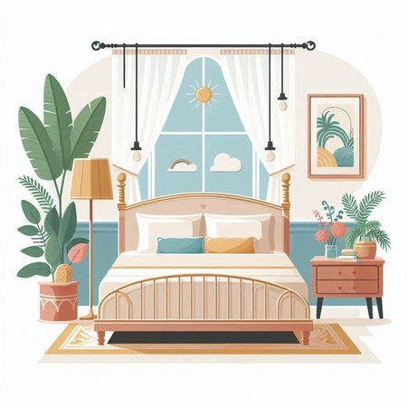 Bedroom interior. Vector illustration in flat style. Interior design.のイラスト素材