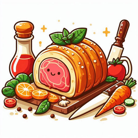 Illustration of a Smoked Meatloaf with Vegetables and Fruitsのイラスト素材