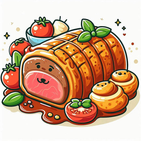 Cartoon Roast Pork with Vegetables and Sauce. Vector Illustrationのイラスト素材