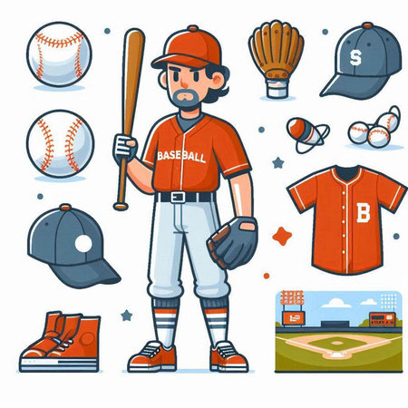 Baseball player and equipment. Cartoon vector illustration of baseball player and equipment.のイラスト素材