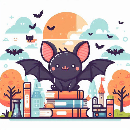 Cute cartoon bat with books in the city. Vector illustration.のイラスト素材