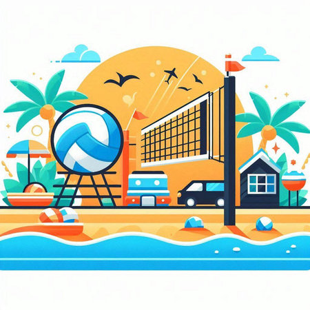 Volleyball court on the beach. Vector illustration in flat styleのイラスト素材