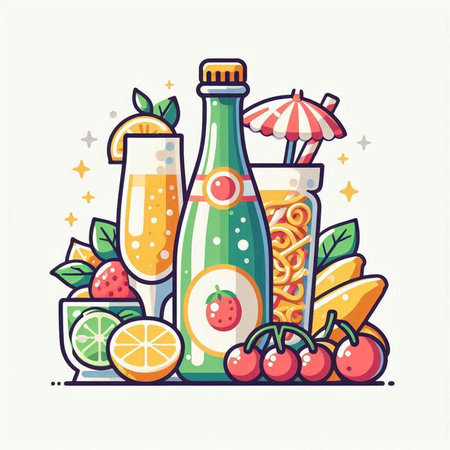Vector illustration of a bottle of champagne, a glass of juice, fruits and ice cubes.のイラスト素材