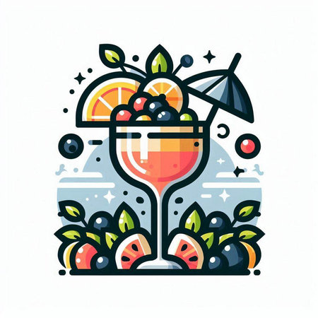 Cocktail icon. Vector illustration of a glass of cocktail with fruits and leaves.のイラスト素材