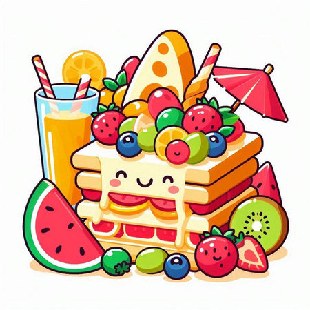Vector illustration of funny cartoon waffles with fruits, berries and juice.のイラスト素材