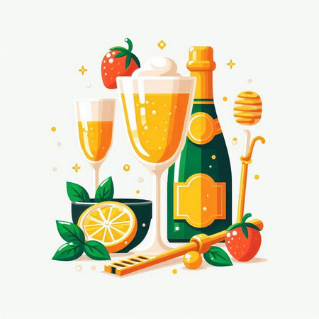 Vector illustration of a set of alcoholic beverages. Champagne, ice cream, strawberries, lemon, honey.のイラスト素材