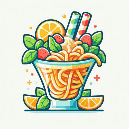 Vector illustration of a bowl of noodle with orange and mint.のイラスト素材