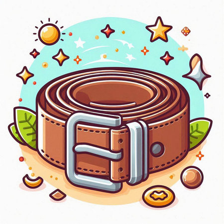 Vector illustration of brown belt with buckle on white background with stars and planets.のイラスト素材