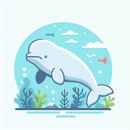 Cute cartoon dolphin in the sea. Flat design. Vector illustration.のイラスト素材