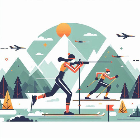 Skiing in the mountains. Vector illustration. Flat style.のイラスト素材