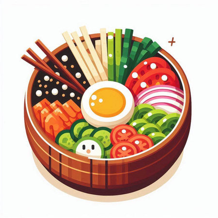Bibimbap in wooden bowl with chopsticks. Vector illustration.のイラスト素材
