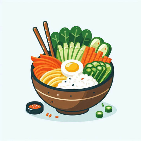 Bowl of rice with vegetables and egg. Vector illustration in cartoon style.のイラスト素材