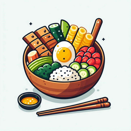 Vector illustration of bowl with japanese food and chopsticks.のイラスト素材