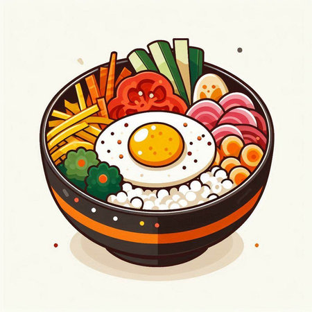 Bowl of miso soup with fried egg and vegetables. Vector illustration.のイラスト素材