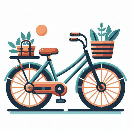 Bicycle with basket and flowers. Vector illustration in flat style.のイラスト素材