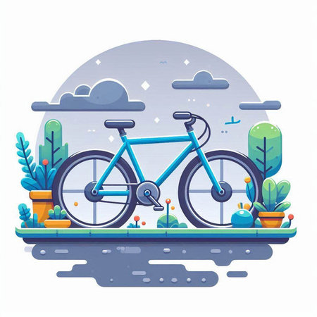 Bicycle on the road in the park. Flat style vector illustration.のイラスト素材