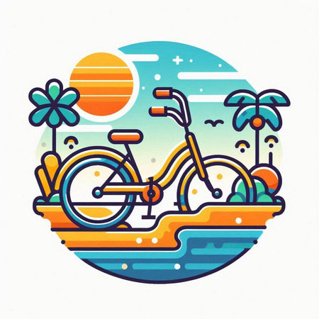 Colorful vector illustration of bicycle on the beach in flat style.のイラスト素材