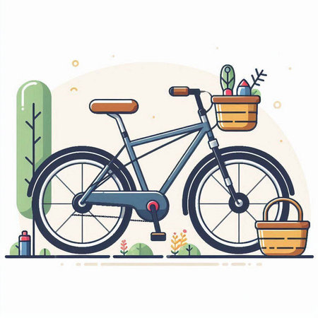 Bicycle with basket and flowers. Vector illustration in flat style.のイラスト素材
