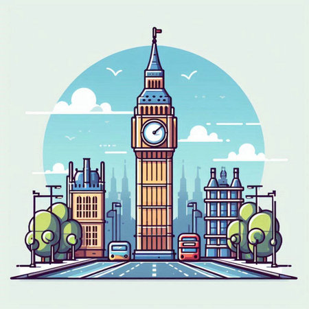 Big Ben in London. Vector illustration of London city. Flat design.のイラスト素材