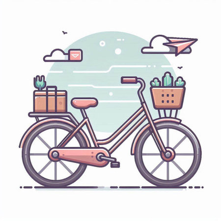 Bicycle with basket of food and paper plane. Flat style vector illustration.のイラスト素材