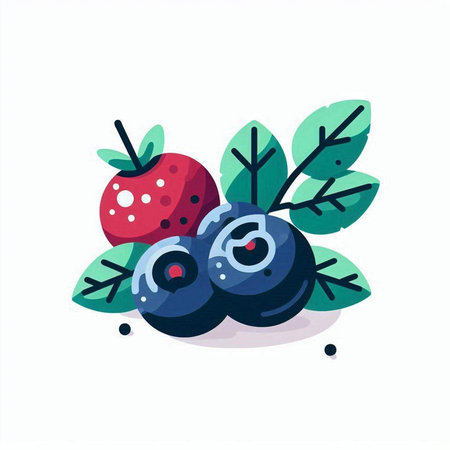 Blueberries and strawberries with leaves on white background. Vector illustration.のイラスト素材