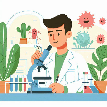 Male scientist looking through microscope in laboratory. Vector illustration in flat styleのイラスト素材