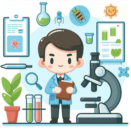 Scientist with microscope and test tubes. Vector illustration in flat styleのイラスト素材