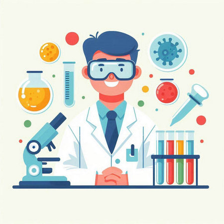 Scientist working in laboratory. Vector illustration in flat design style.のイラスト素材