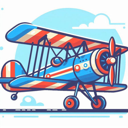 Cartoon biplane flying in the blue sky. Vector illustration.のイラスト素材