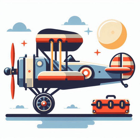 Vintage airplane on the road. Vector illustration in flat style.のイラスト素材