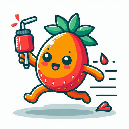 Strawberry fruit cartoon character running with spray bottle vector illustration.のイラスト素材